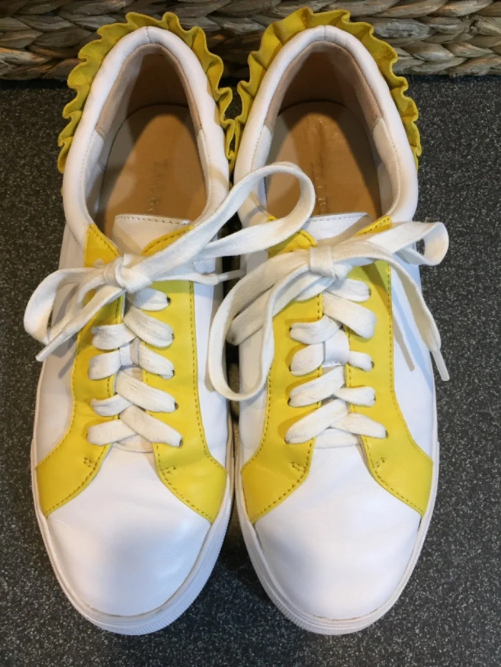 Talbots White and Yellow Leather Ruffle-Back Sneakers